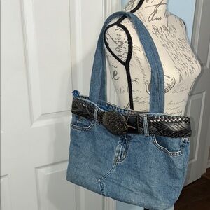 Blue and Black Denim Tote with Leather Handles
